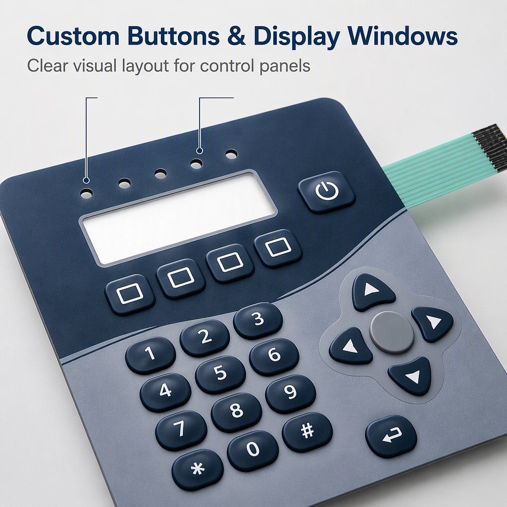 Custom Membrane Switch Panel Ribbon Cable Interface Display Window Indicator LED for Industrial Appliance Medical Control