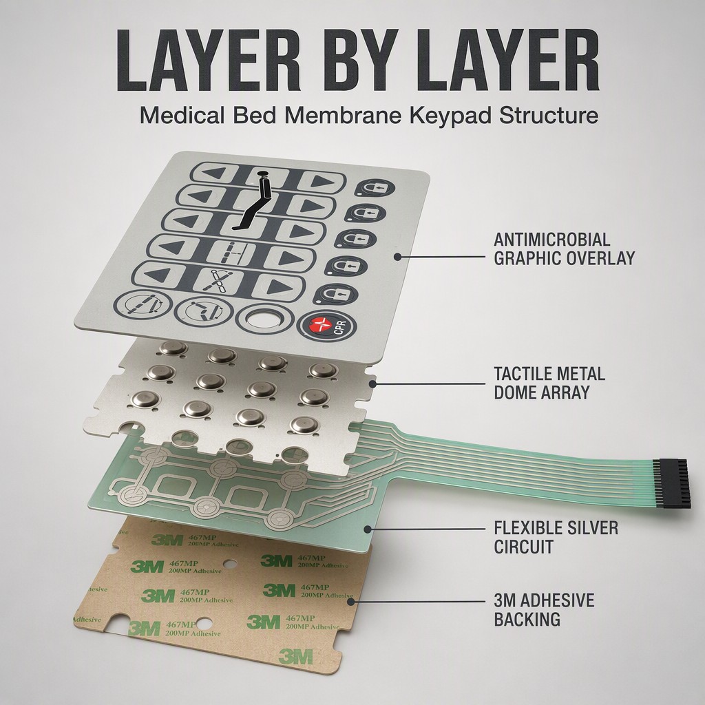 Medical Bed Membrane Keypad Tactile Membrane Switch Panel for Hospital Beds Surgical Tables Patient Lifters