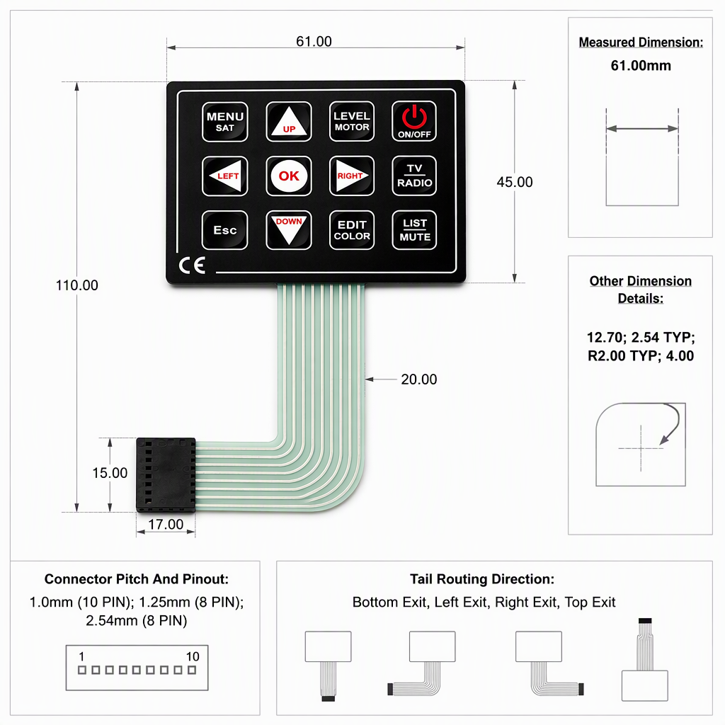 12-Key Matrix Membrane Switch Custom Overlay Keyboard Panel for Industrial Control and Remote Controller