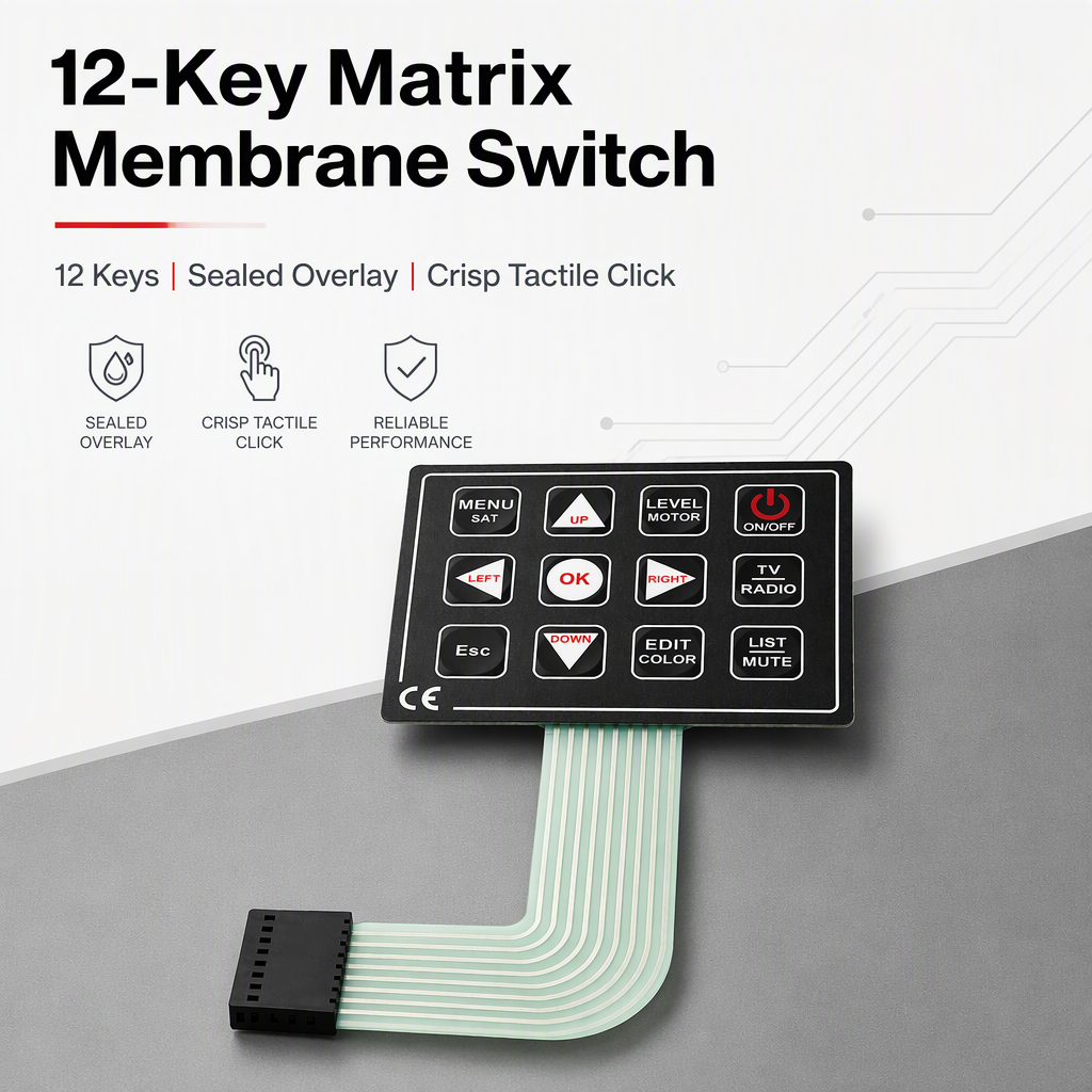 12-Key Matrix Membrane Switch Custom Overlay Keyboard Panel for Industrial Control and Remote Controller