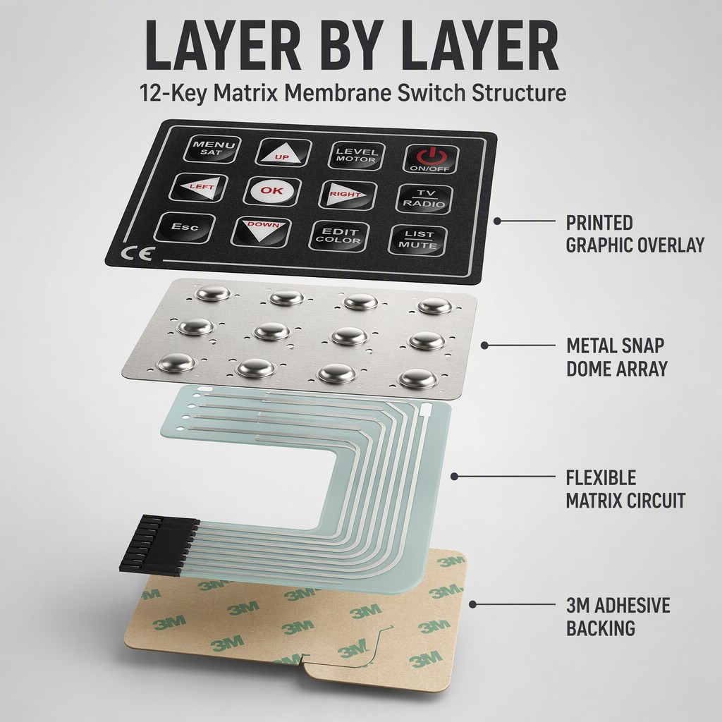 12-Key Matrix Membrane Switch Custom Overlay Keyboard Panel for Industrial Control and Remote Controller