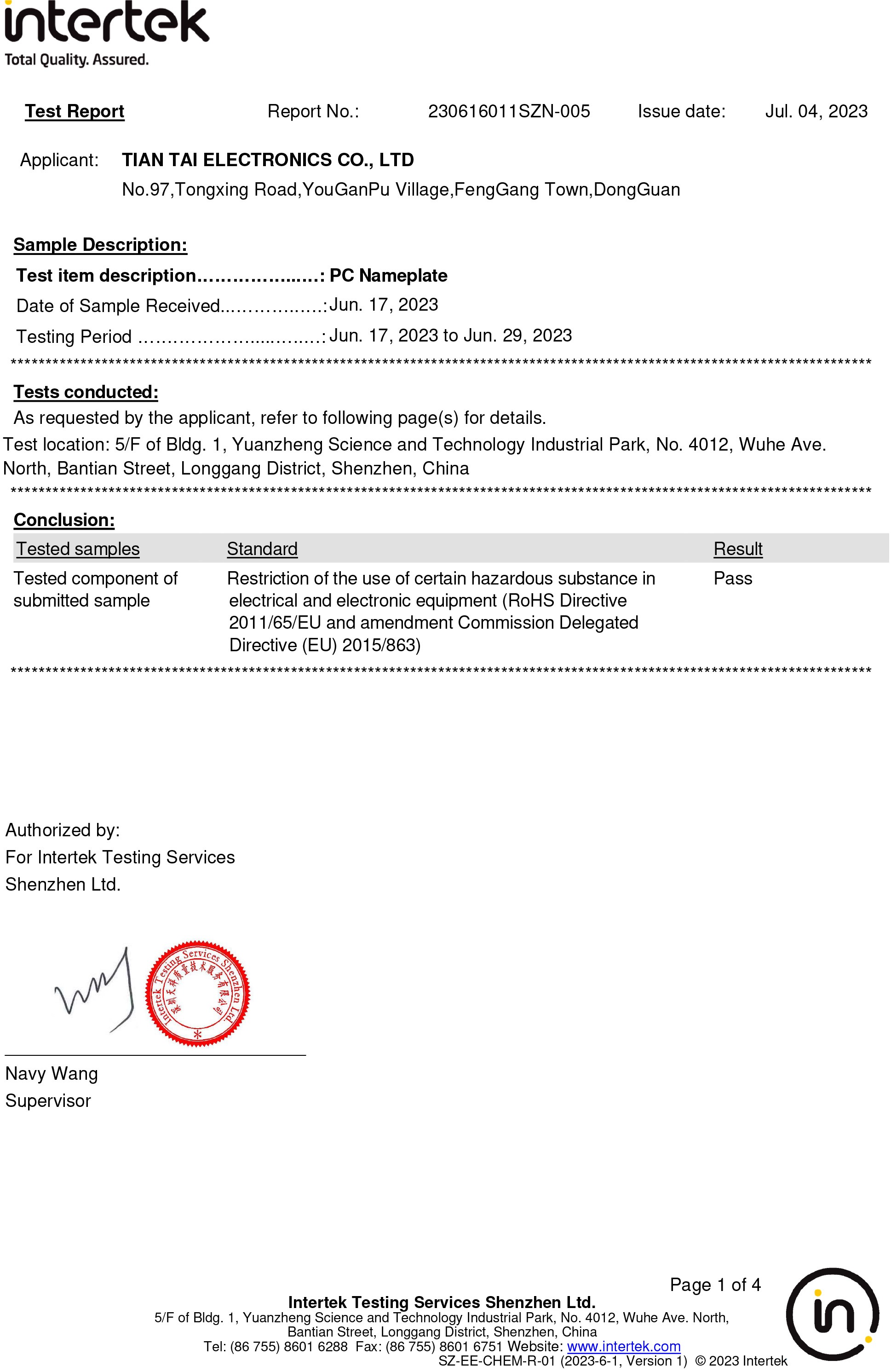 Ravo product compliance certificate